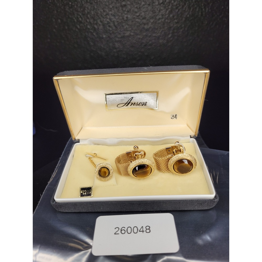 Anson Cufflink Tie Tack Set Gold Tone Brown Tiger Eye Mesh Wrap Boxed Excellent